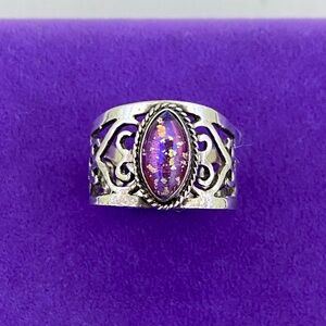 💛 Vintage Sterling Silver Marquise Mexican Fire Opal Filigree Wide Band Ring